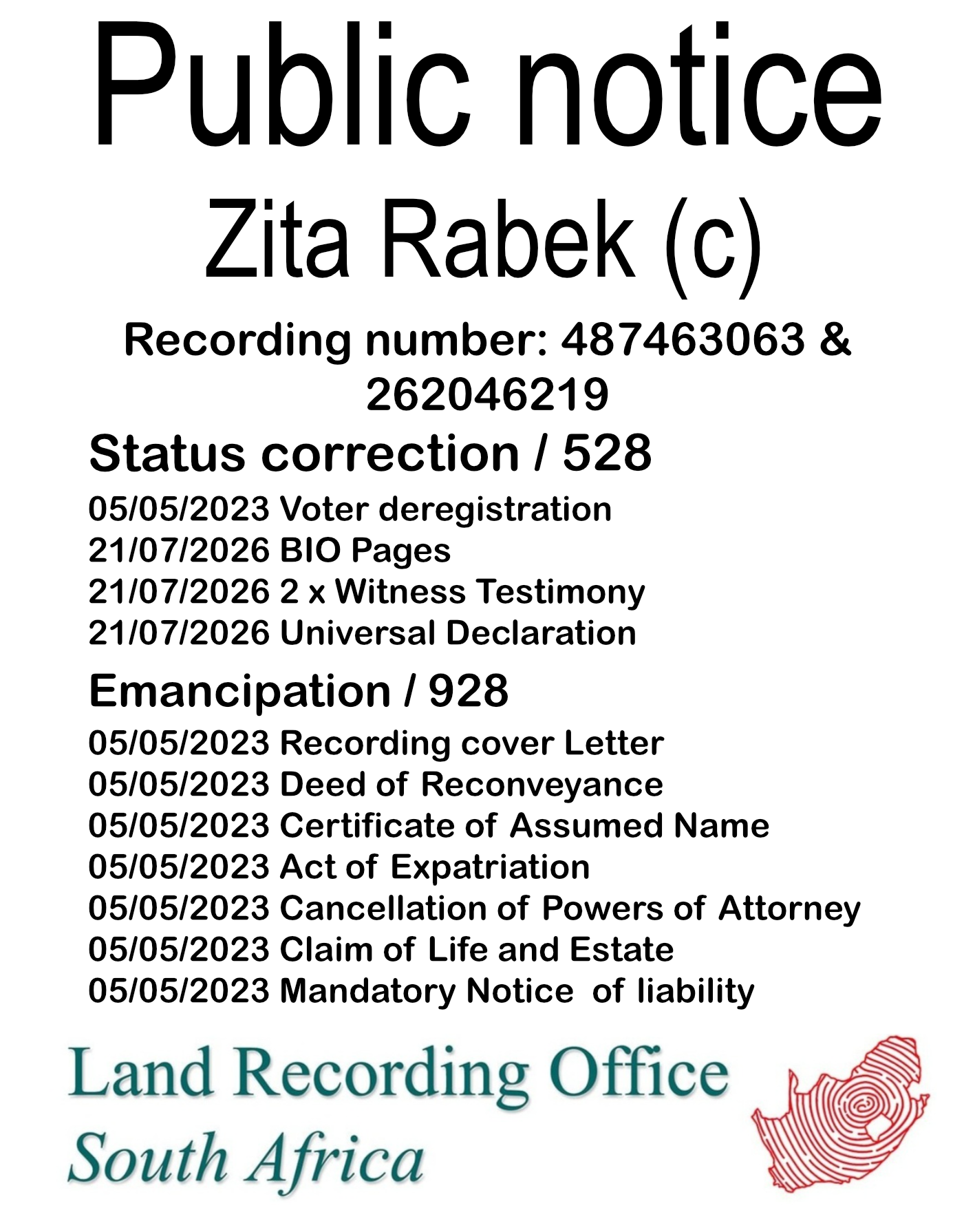 Public notice Zita Rabek Recording number 487463063 & 262046219